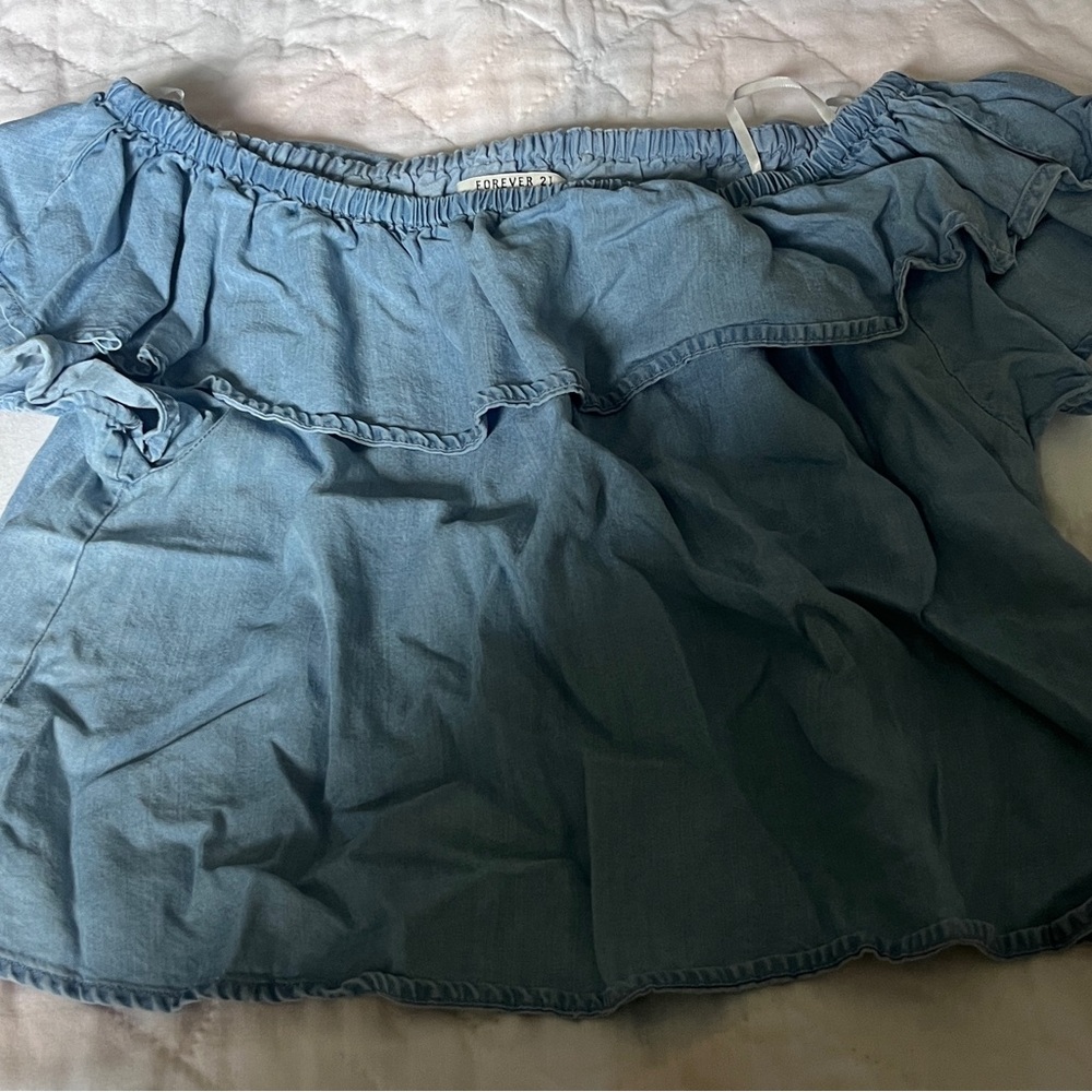 Sky Blue Denim off-the-shoulder top. Size Medium